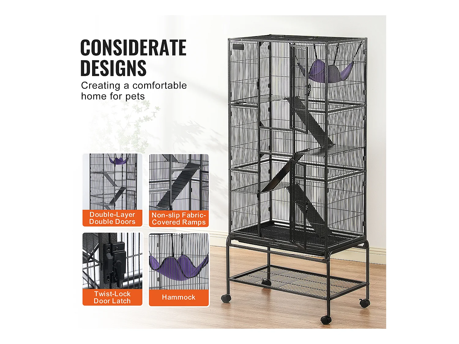 Cage à Furet SucceBuy en Métal, à 4 Niveaux de 175 cm avec Plateau et 3 Rampes pour Petits Animaux