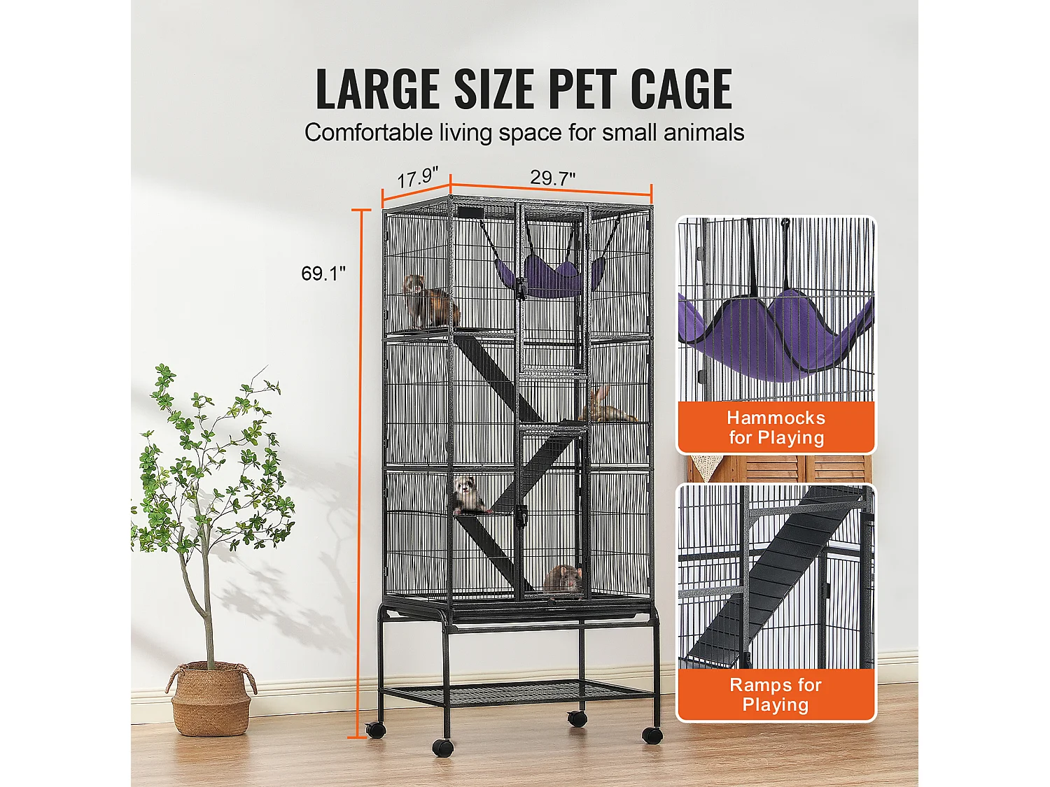 Cage à Furet SucceBuy en Métal, à 4 Niveaux de 175 cm avec Plateau et 3 Rampes pour Petits Animaux