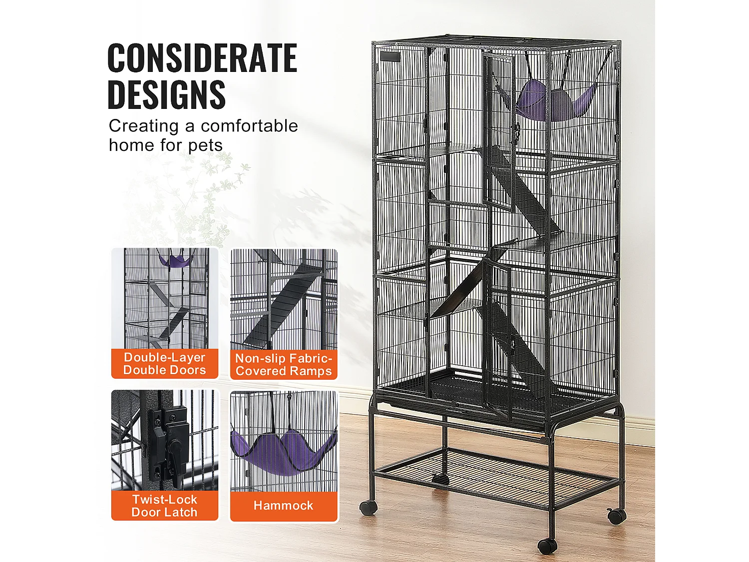 Cage à Furet SucceBuy en Métal, à 4 Niveaux de 175 cm avec Plateau et 3 Rampes pour Petits Animaux