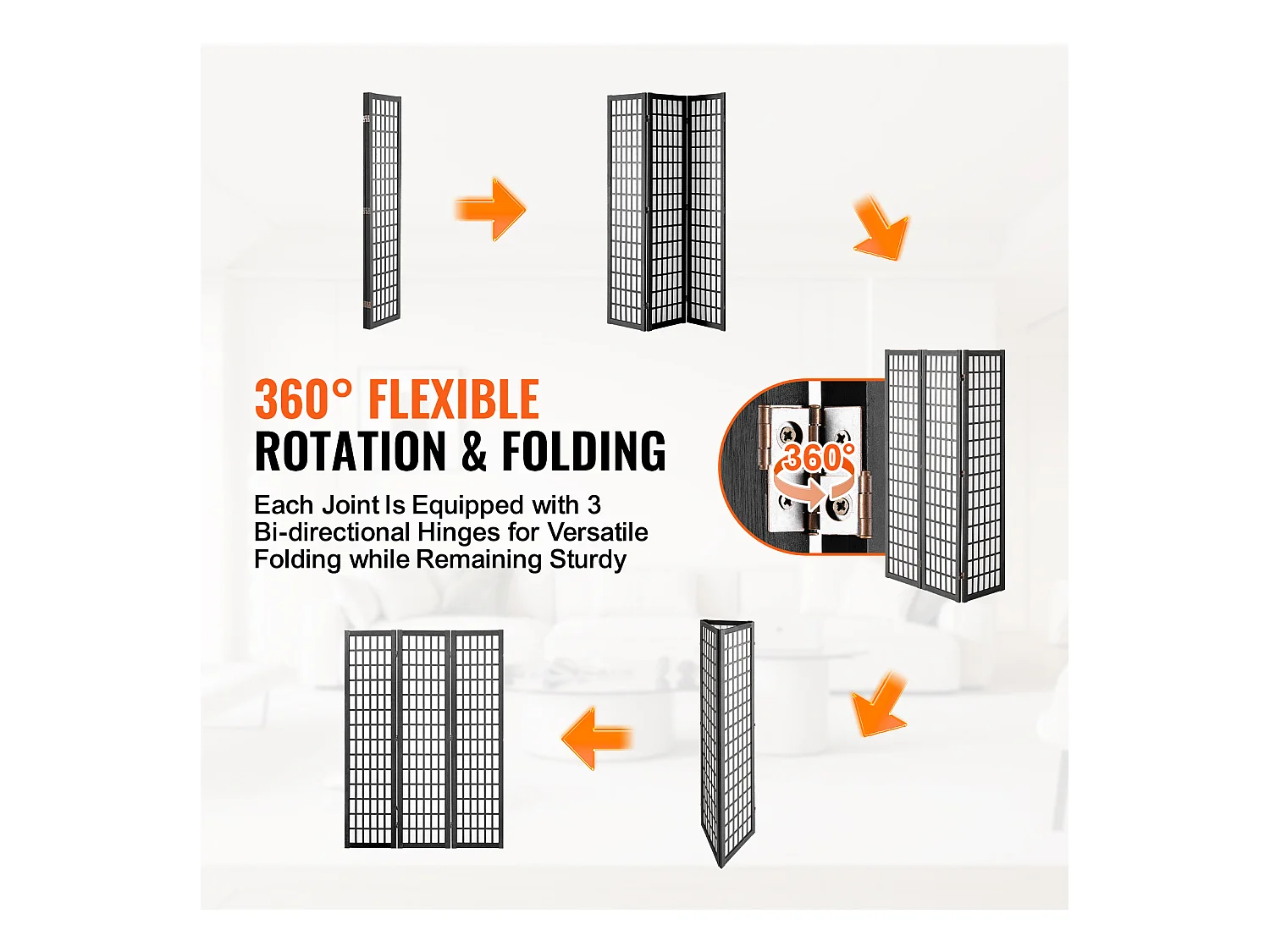 Cloison de Séparation SucceBuy, Cloison de Séparation Japonaise à 3 Panneaux, Portable, en bois pivoter à 360°, 120,5 x 170 x 1,9 cm, pour Séparation de Pièce