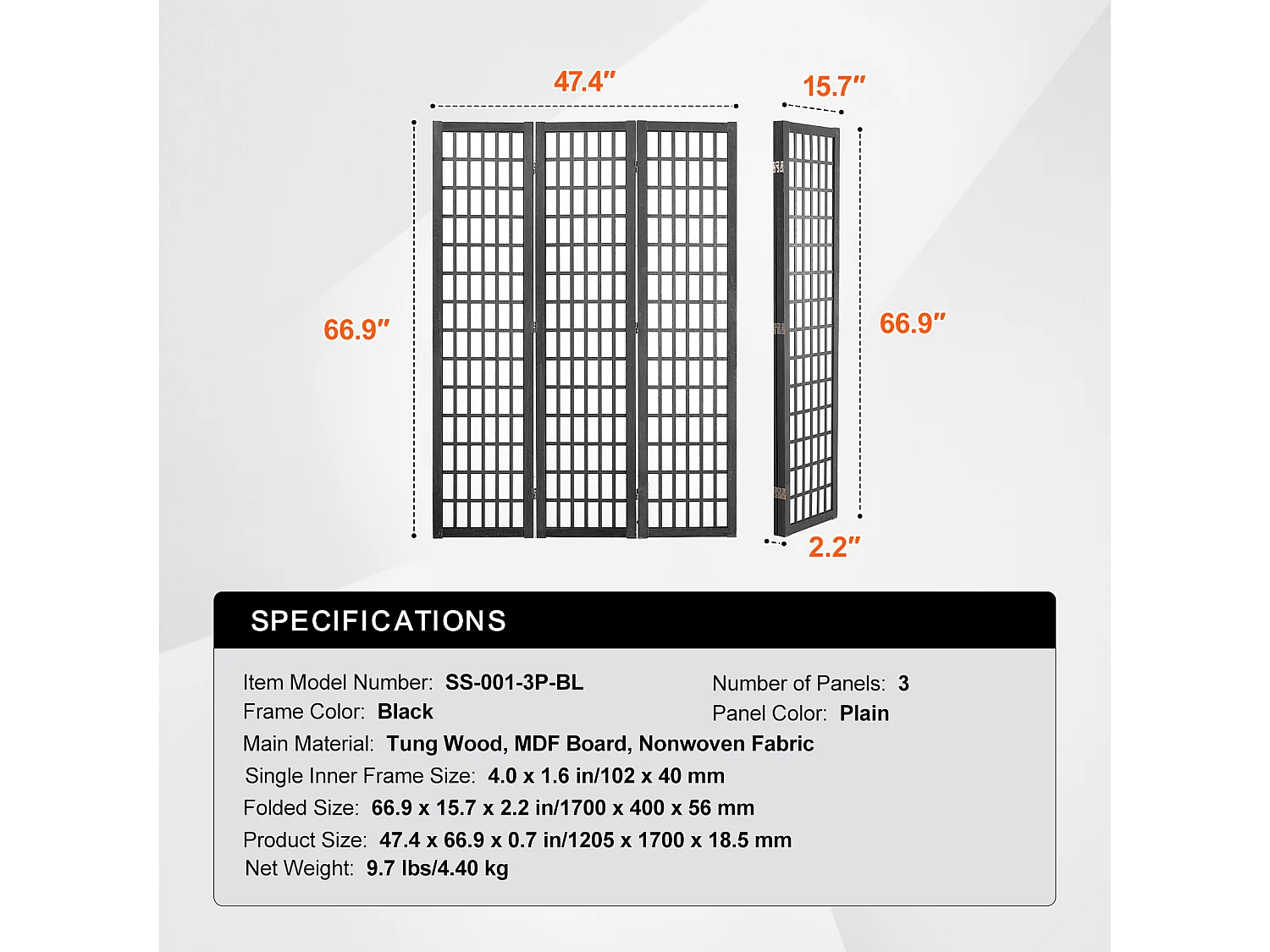Cloison de Séparation SucceBuy, Cloison de Séparation Japonaise à 3 Panneaux, Portable, en bois pivoter à 360°, 120,5 x 170 x 1,9 cm, pour Séparation de Pièce