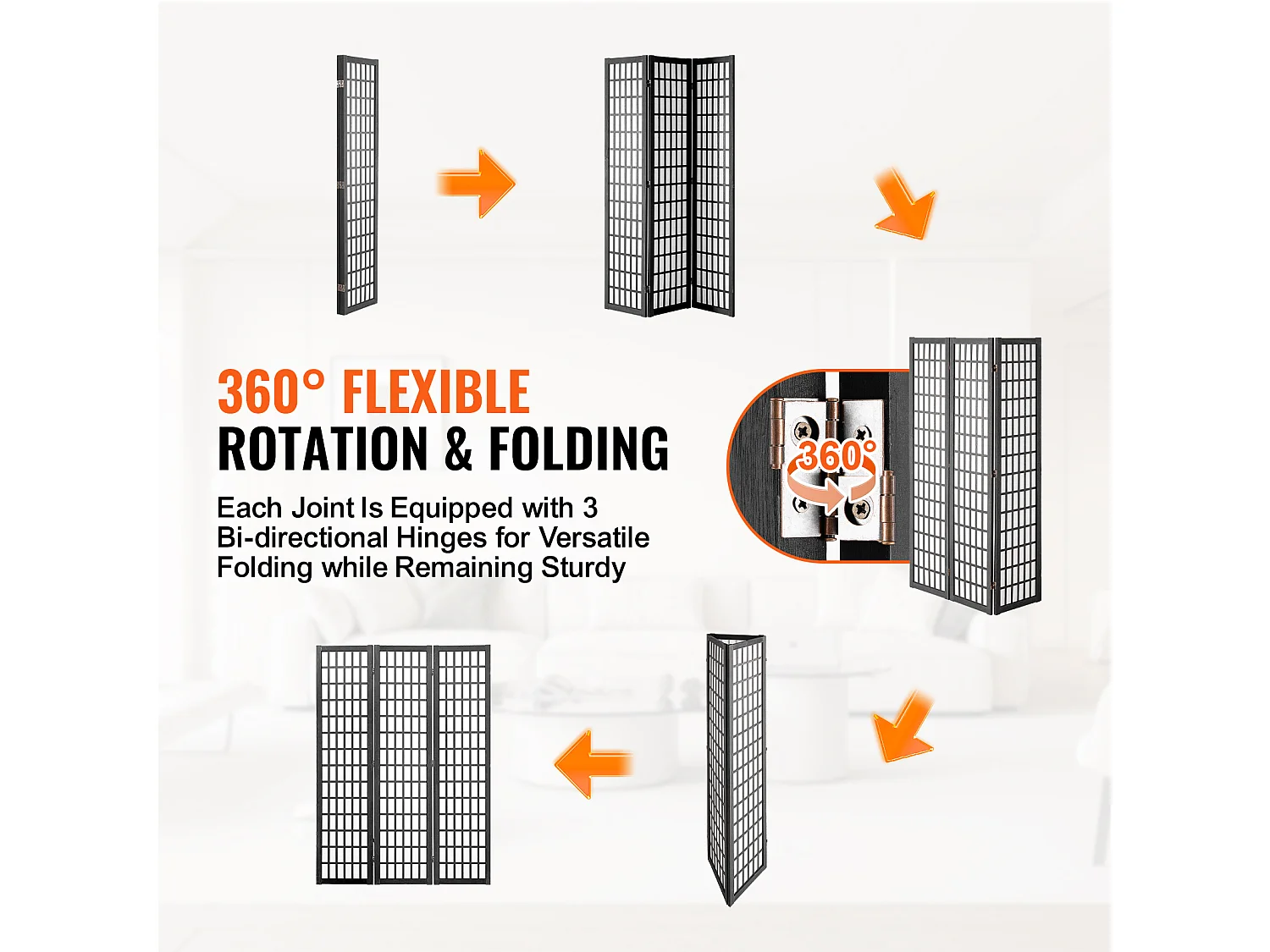 Cloison de Séparation SucceBuy, Cloison de Séparation Japonaise à 3 Panneaux, Portable, en bois pivoter à 360°, 120,5 x 170 x 1,9 cm, pour Séparation de Pièce
