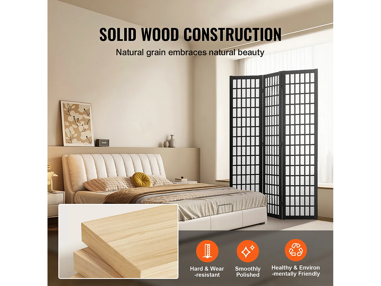 Cloison de Séparation SucceBuy, Cloison de Séparation Japonaise à 3 Panneaux, Portable, en bois pivoter à 360°, 120,5 x 170 x 1,9 cm, pour Séparation de Pièce