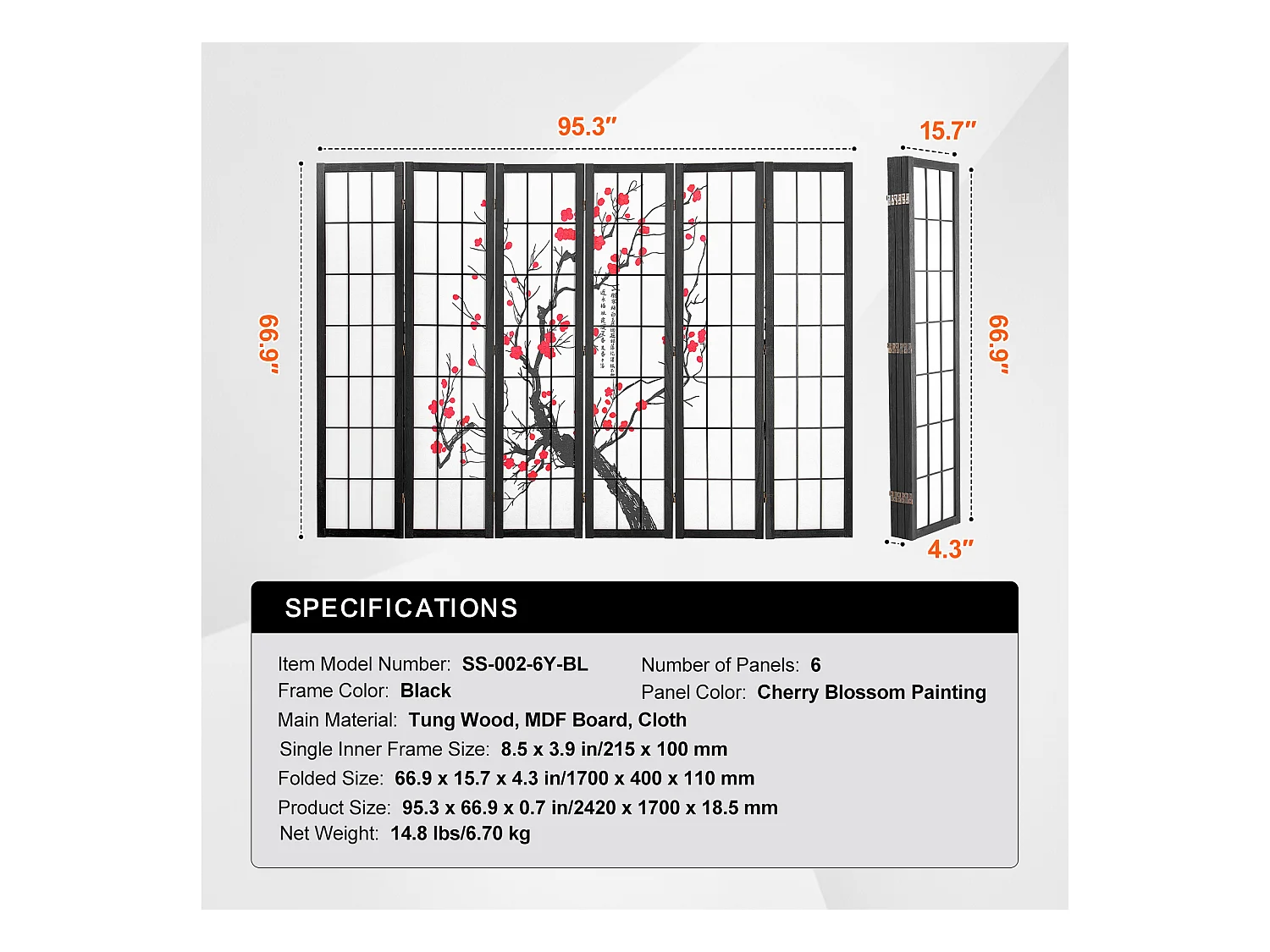 Cloison de Séparation SucceBuy, Cloison de Séparation Japonaise Paravent à 6 Panneaux Fleur de Cerisier, en bois pivoter à 360°, pour Séparation de Pièce