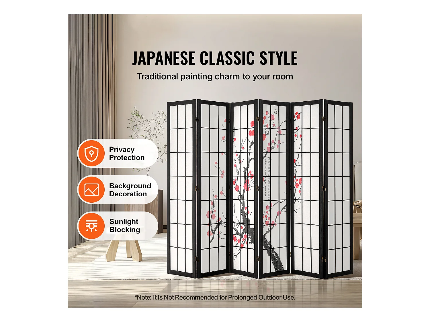 Cloison de Séparation SucceBuy, Cloison de Séparation Japonaise Paravent à 6 Panneaux Fleur de Cerisier, en bois pivoter à 360°, pour Séparation de Pièce