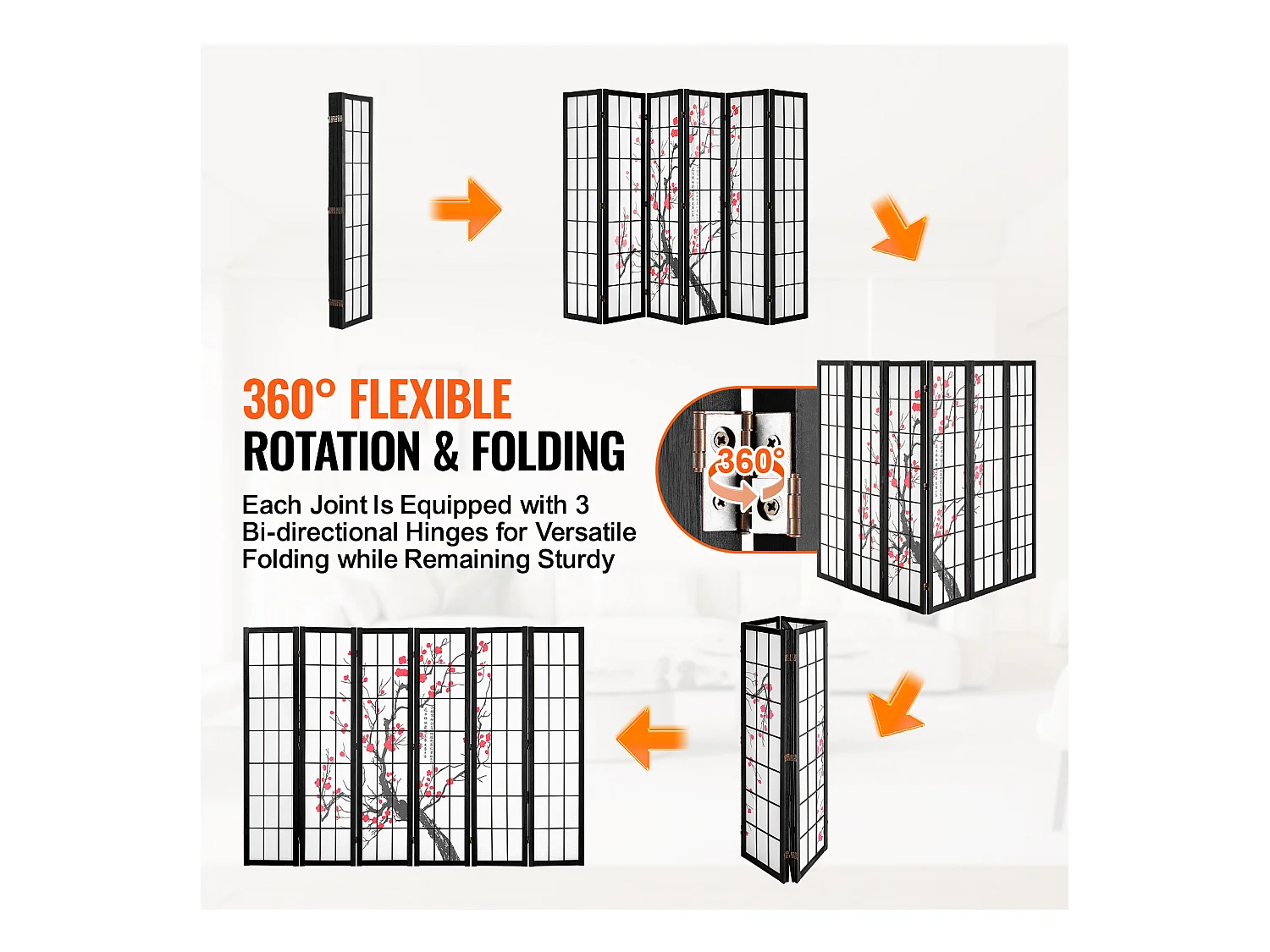 Cloison de Séparation SucceBuy, Cloison de Séparation Japonaise Paravent à 6 Panneaux Fleur de Cerisier, en bois pivoter à 360°, pour Séparation de Pièce