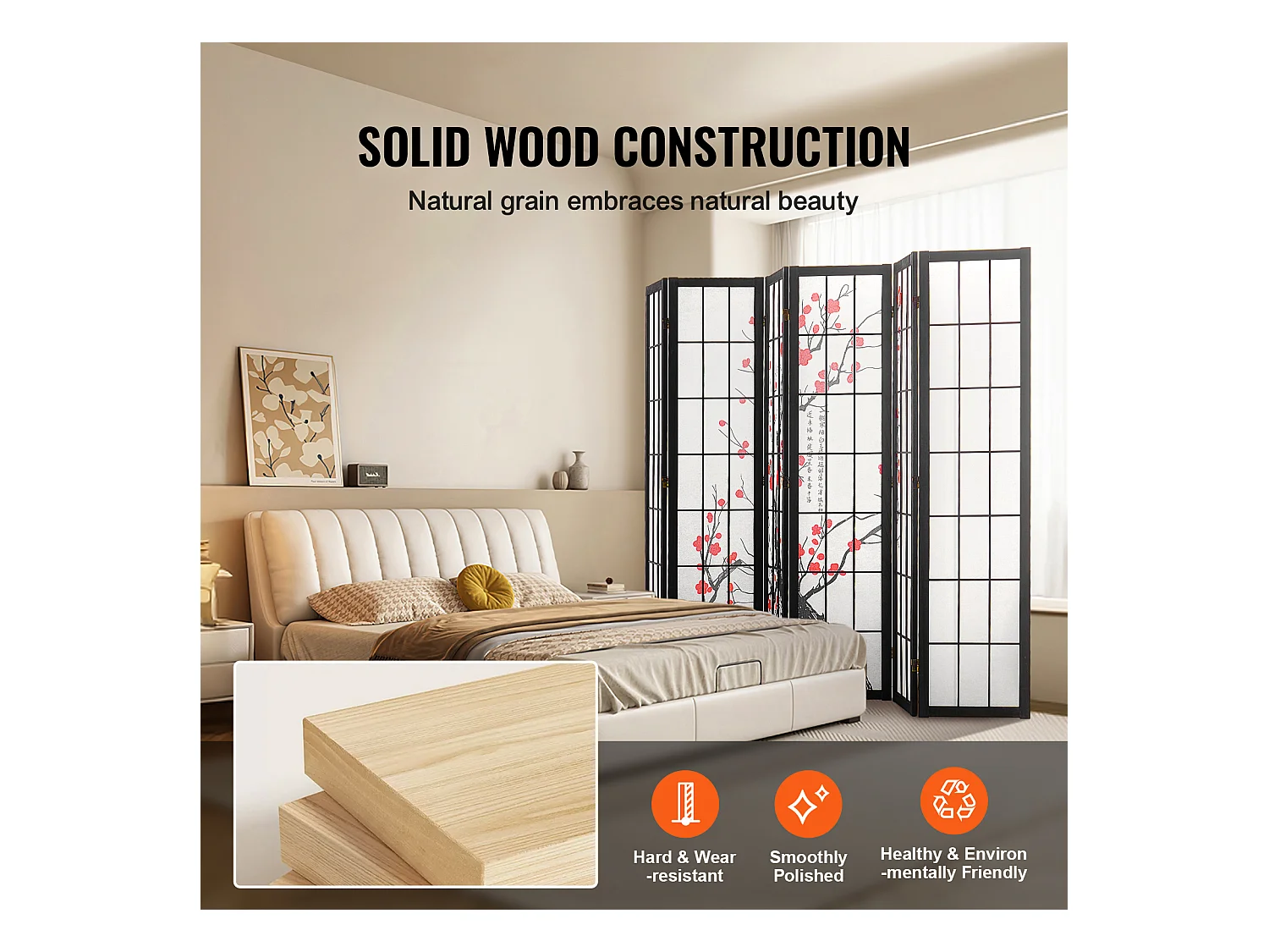 Cloison de Séparation SucceBuy, Cloison de Séparation Japonaise Paravent à 6 Panneaux Fleur de Cerisier, en bois pivoter à 360°, pour Séparation de Pièce