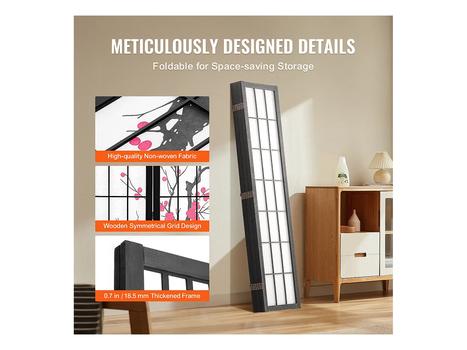 Cloison de Séparation SucceBuy, Cloison de Séparation Japonaise Paravent à 6 Panneaux Fleur de Cerisier, en bois pivoter à 360°, pour Séparation de Pièce