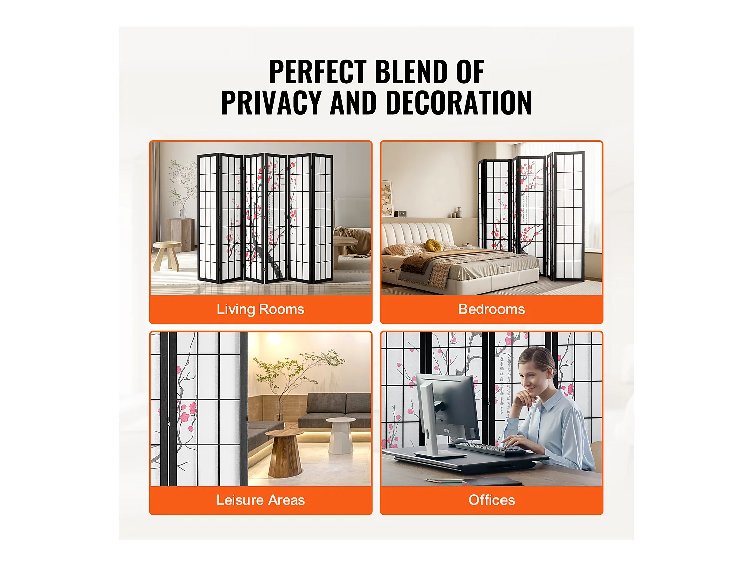 Cloison de Séparation SucceBuy, Cloison de Séparation Japonaise Paravent à 6 Panneaux Fleur de Cerisier, en bois pivoter à 360°, pour Séparation de Pièce