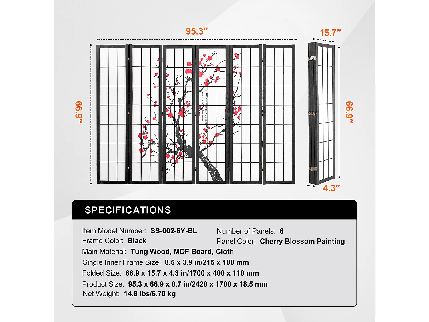 Divisória SucceBuy, Divisória Japonesa com 6 Painéis com Padrão de Flor de Cerejeira, Divisória Japonesa Portátil, em Madeira, Gira 360°, para Divisão de Ambientes