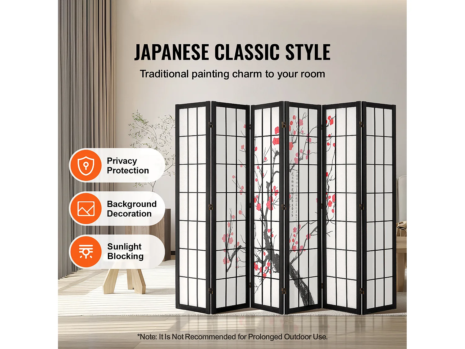 Divisória SucceBuy, Divisória Japonesa com 6 Painéis com Padrão de Flor de Cerejeira, Divisória Japonesa Portátil, em Madeira, Gira 360°, para Divisão de Ambientes