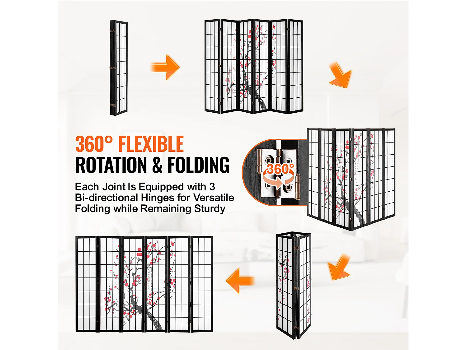 Divisória SucceBuy, Divisória Japonesa com 6 Painéis com Padrão de Flor de Cerejeira, Divisória Japonesa Portátil, em Madeira, Gira 360°, para Divisão de Ambientes