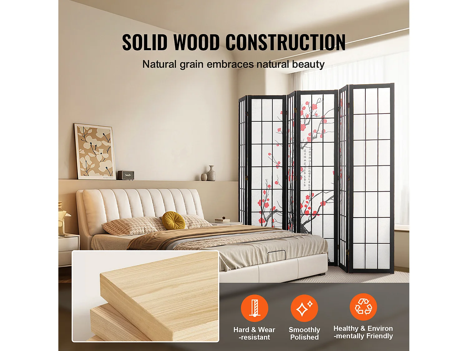 Divisória SucceBuy, Divisória Japonesa com 6 Painéis com Padrão de Flor de Cerejeira, Divisória Japonesa Portátil, em Madeira, Gira 360°, para Divisão de Ambientes