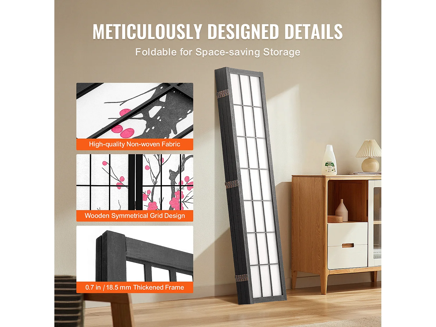 Divisória SucceBuy, Divisória Japonesa com 6 Painéis com Padrão de Flor de Cerejeira, Divisória Japonesa Portátil, em Madeira, Gira 360°, para Divisão de Ambientes