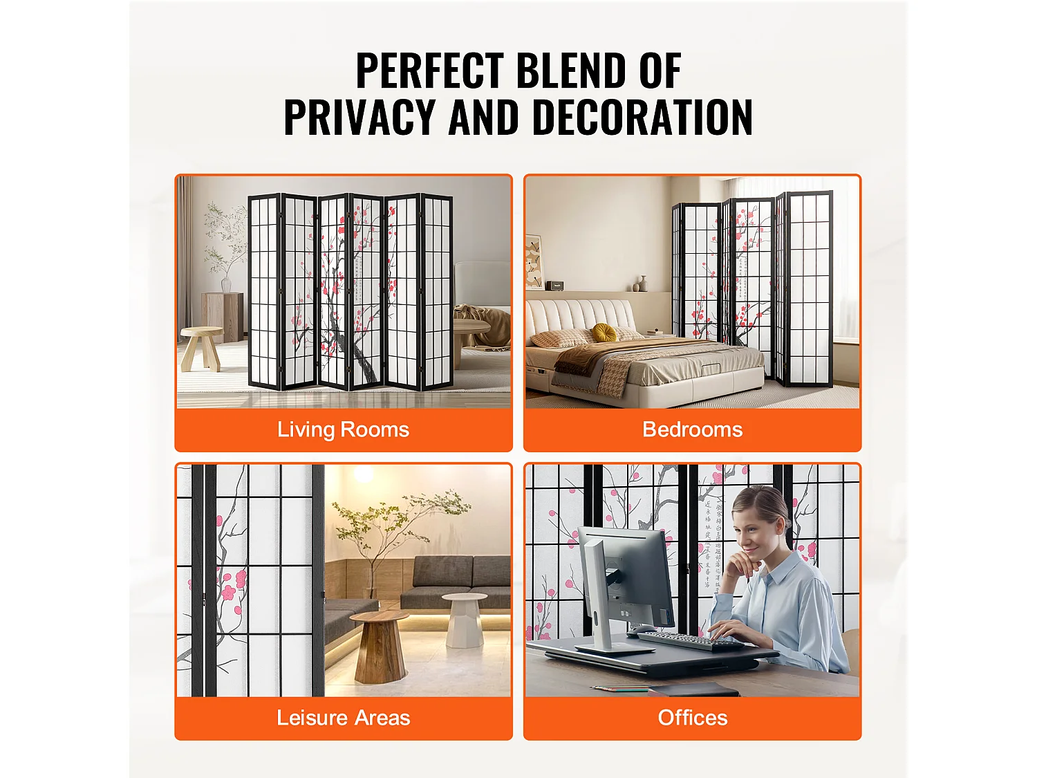 Divisória SucceBuy, Divisória Japonesa com 6 Painéis com Padrão de Flor de Cerejeira, Divisória Japonesa Portátil, em Madeira, Gira 360°, para Divisão de Ambientes