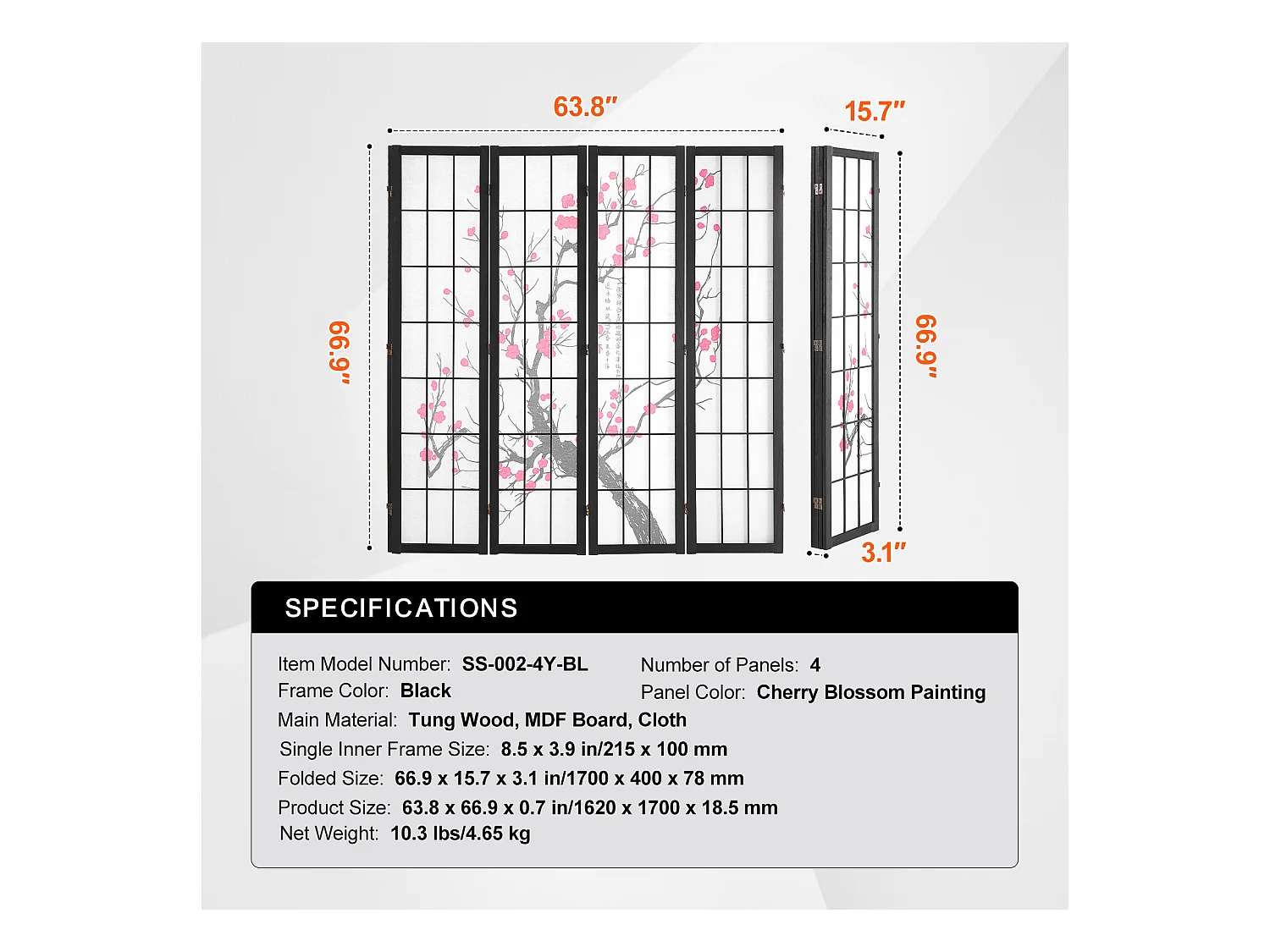 Cloison de Séparation SucceBuy, Cloison de Séparation Japonaise Paravent à 4 Panneaux Fleur de Cerisier, Portable, en bois pivoter à 360°, pour Séparation de Pièce