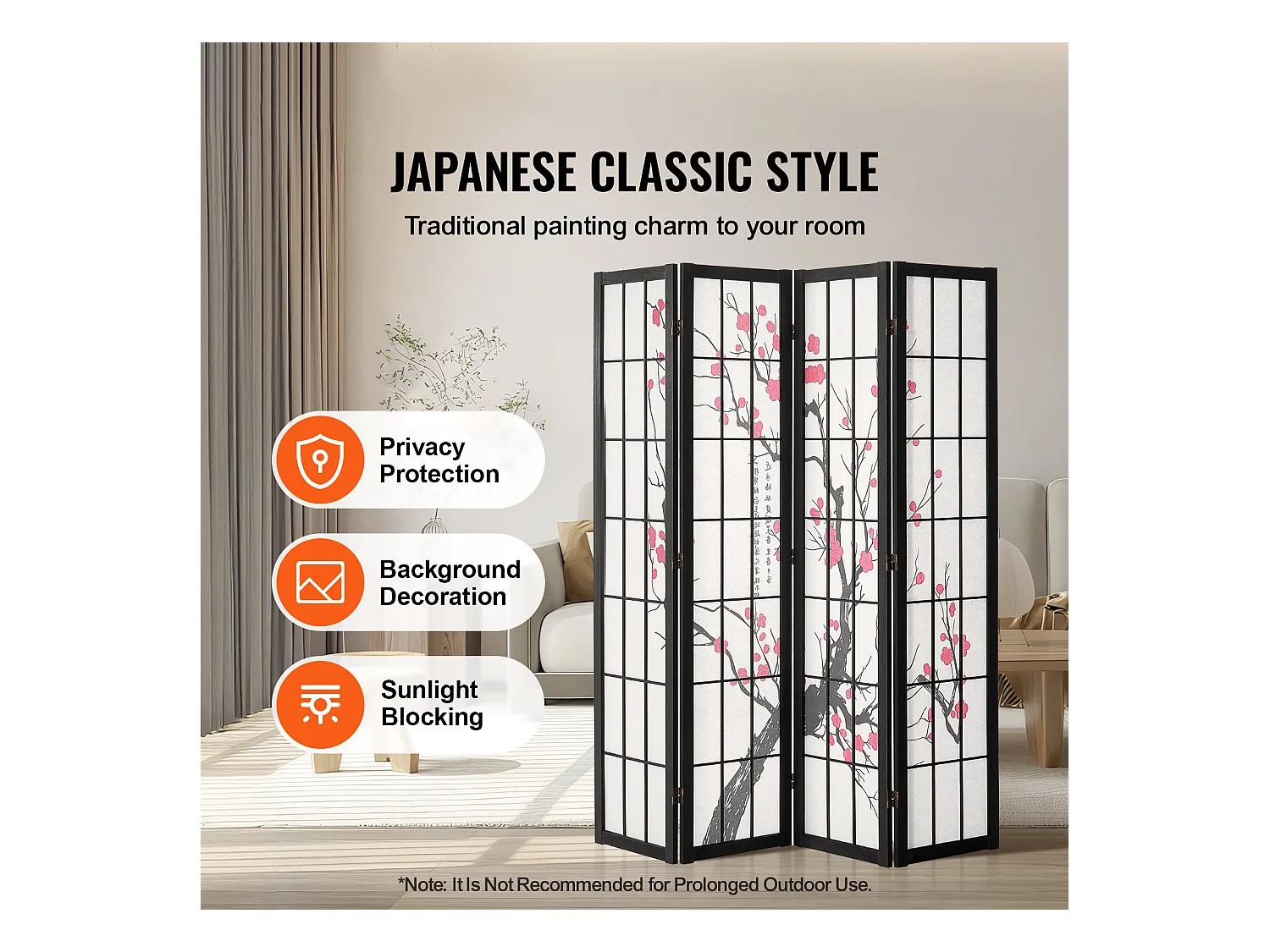 Cloison de Séparation SucceBuy, Cloison de Séparation Japonaise Paravent à 4 Panneaux Fleur de Cerisier, Portable, en bois pivoter à 360°, pour Séparation de Pièce