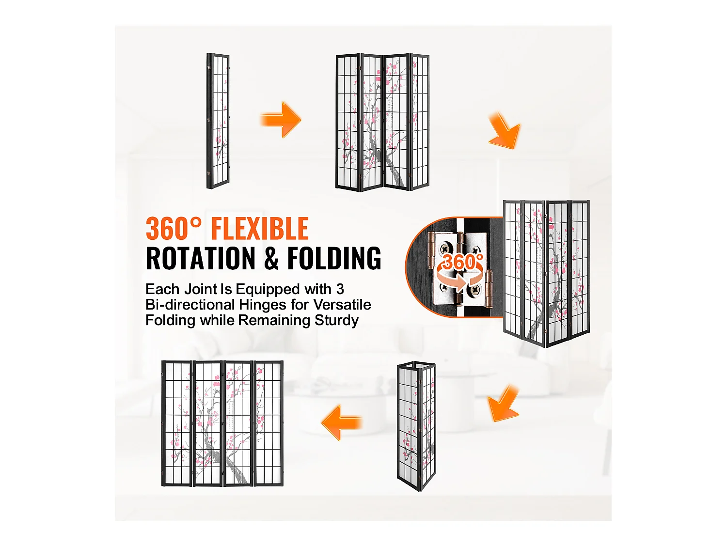 Cloison de Séparation SucceBuy, Cloison de Séparation Japonaise Paravent à 4 Panneaux Fleur de Cerisier, Portable, en bois pivoter à 360°, pour Séparation de Pièce