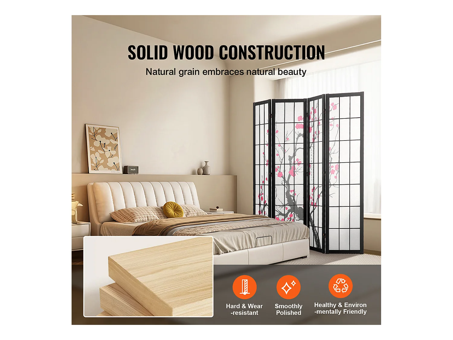 Cloison de Séparation SucceBuy, Cloison de Séparation Japonaise Paravent à 4 Panneaux Fleur de Cerisier, Portable, en bois pivoter à 360°, pour Séparation de Pièce