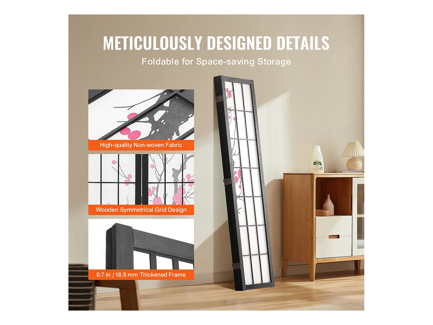 Cloison de Séparation SucceBuy, Cloison de Séparation Japonaise Paravent à 4 Panneaux Fleur de Cerisier, Portable, en bois pivoter à 360°, pour Séparation de Pièce