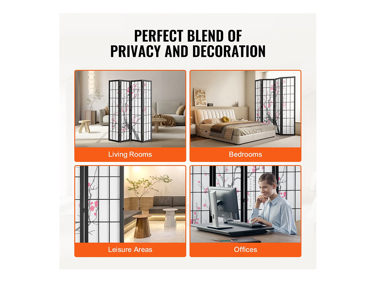 Cloison de Séparation SucceBuy, Cloison de Séparation Japonaise Paravent à 4 Panneaux Fleur de Cerisier, Portable, en bois pivoter à 360°, pour Séparation de Pièce