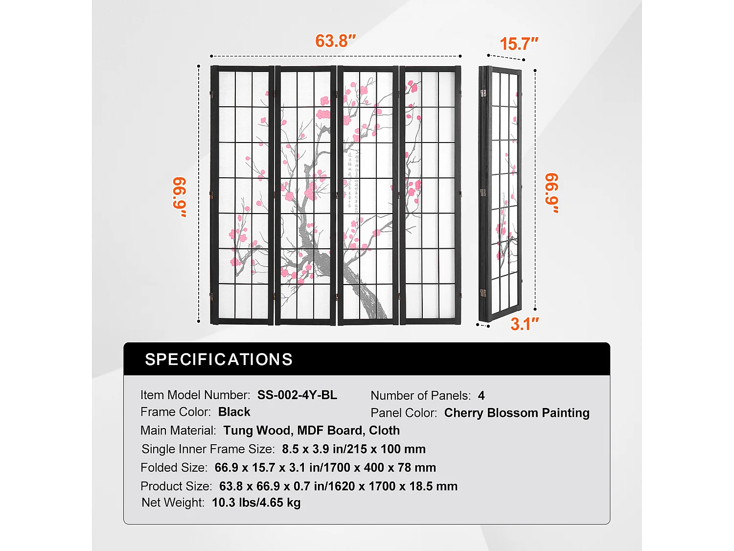 Przegroda SucceBuy, Japońska Przegroda z 4 Panelami z Motywem Kwiatów Wiśni, Przenośna Przegroda Japońska, Drewniana, Obracana o 360°, do Dzielenia Pomieszczeń