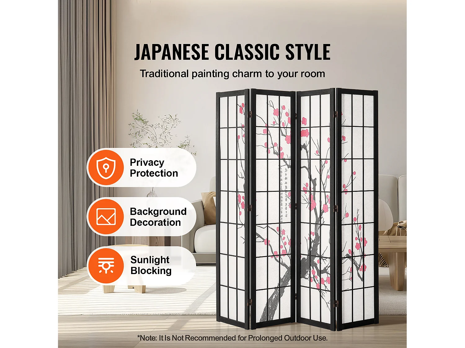 Przegroda SucceBuy, Japońska Przegroda z 4 Panelami z Motywem Kwiatów Wiśni, Przenośna Przegroda Japońska, Drewniana, Obracana o 360°, do Dzielenia Pomieszczeń