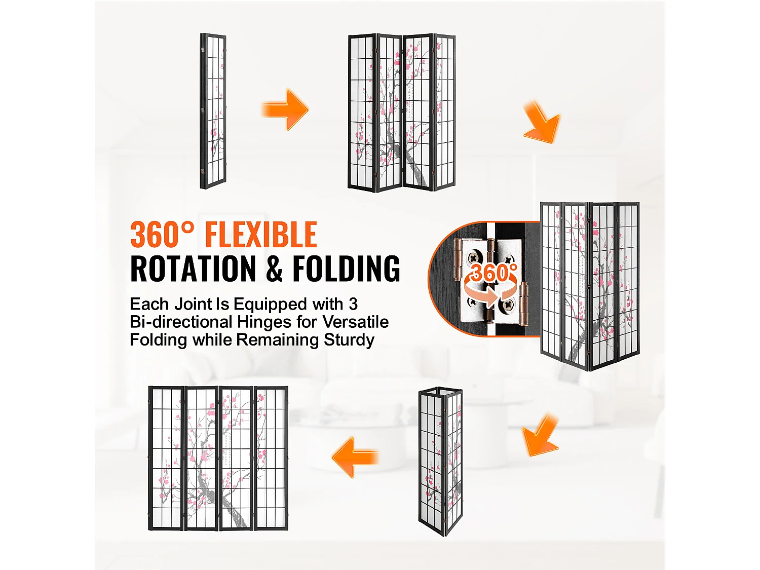 Przegroda SucceBuy, Japońska Przegroda z 4 Panelami z Motywem Kwiatów Wiśni, Przenośna Przegroda Japońska, Drewniana, Obracana o 360°, do Dzielenia Pomieszczeń