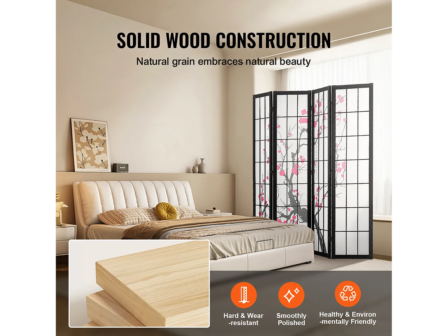 Przegroda SucceBuy, Japońska Przegroda z 4 Panelami z Motywem Kwiatów Wiśni, Przenośna Przegroda Japońska, Drewniana, Obracana o 360°, do Dzielenia Pomieszczeń