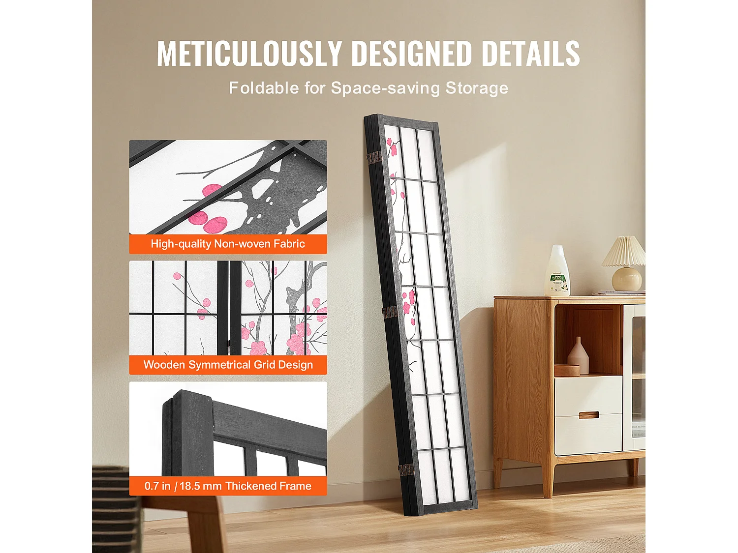 Przegroda SucceBuy, Japońska Przegroda z 4 Panelami z Motywem Kwiatów Wiśni, Przenośna Przegroda Japońska, Drewniana, Obracana o 360°, do Dzielenia Pomieszczeń