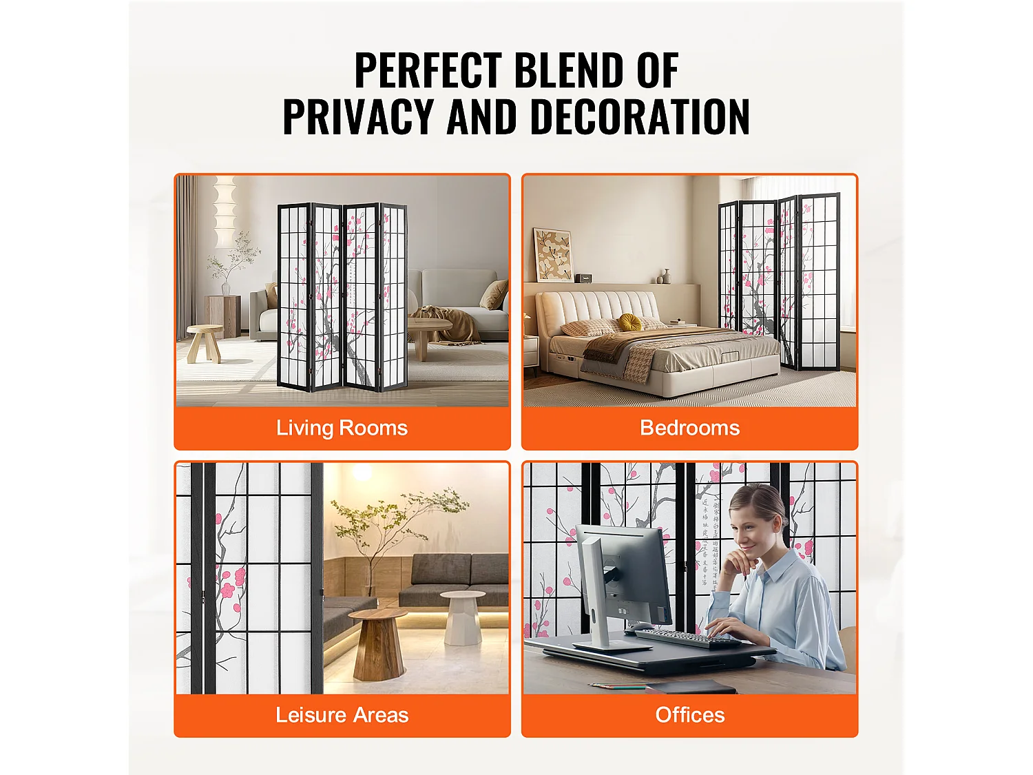 Przegroda SucceBuy, Japońska Przegroda z 4 Panelami z Motywem Kwiatów Wiśni, Przenośna Przegroda Japońska, Drewniana, Obracana o 360°, do Dzielenia Pomieszczeń