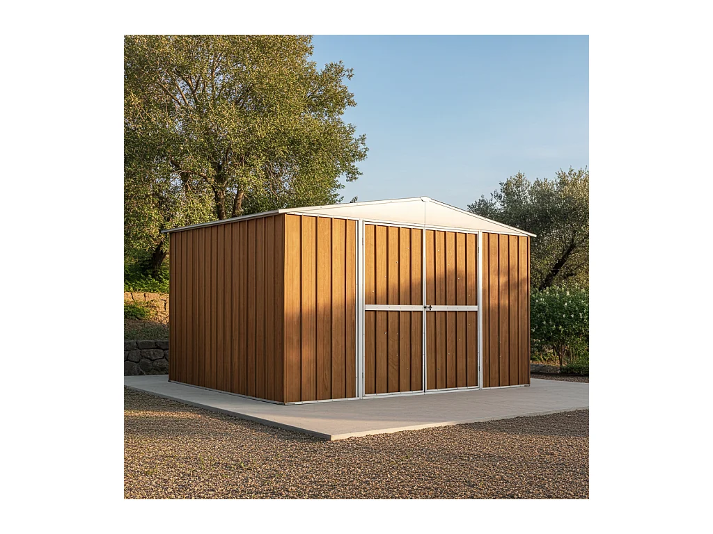 Box attrezzi giardino in Acciaio Zincato 360x260cm x h2.12m - 130KG - 9,36mq - FINITURA LEGNO
