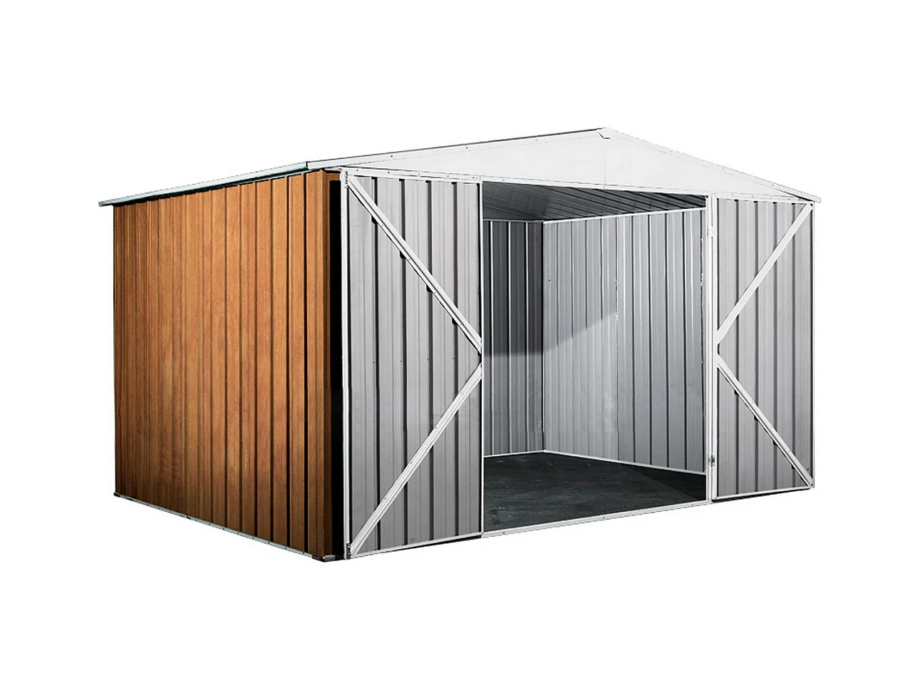 Box attrezzi giardino in Acciaio Zincato 360x260cm x h2.12m - 130KG - 9,36mq - FINITURA LEGNO