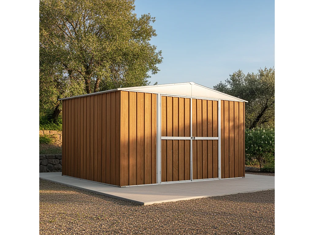 Box attrezzi giardino in Acciaio Zincato 360x260cm x h2.12m - 130KG - 9,36mq - FINITURA LEGNO