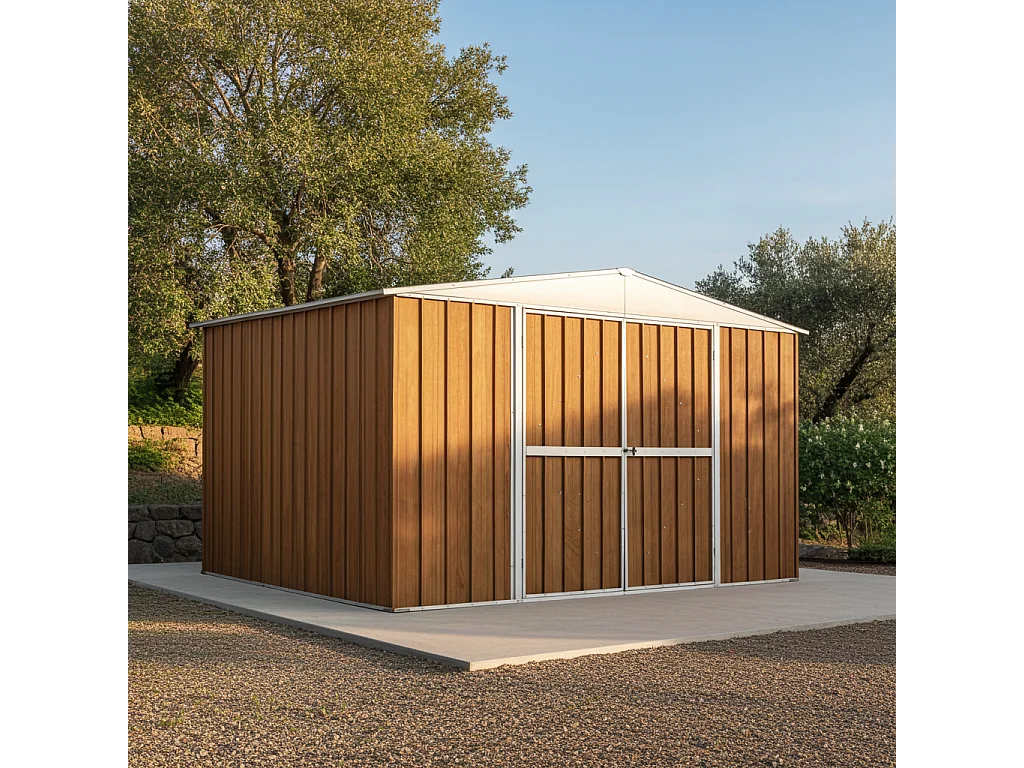 Box attrezzi giardino in Acciaio Zincato 360x260cm x h2.12m - 130KG - 9,36mq - FINITURA LEGNO