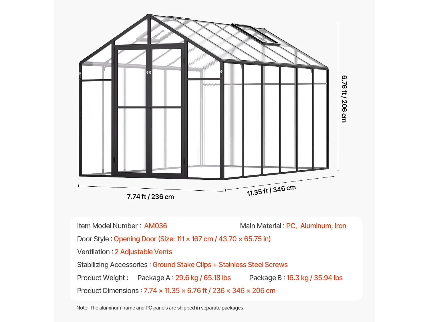 Serre en Polycarbonate SucceBuy, 236x346x206 cm, Option de Promenade Extérieure pour Jardin