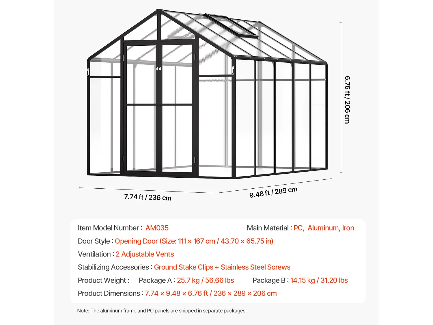 Serre en Polycarbonate SucceBuy,  236x289x206 cm, Option de Promenade Extérieure pour Jardin