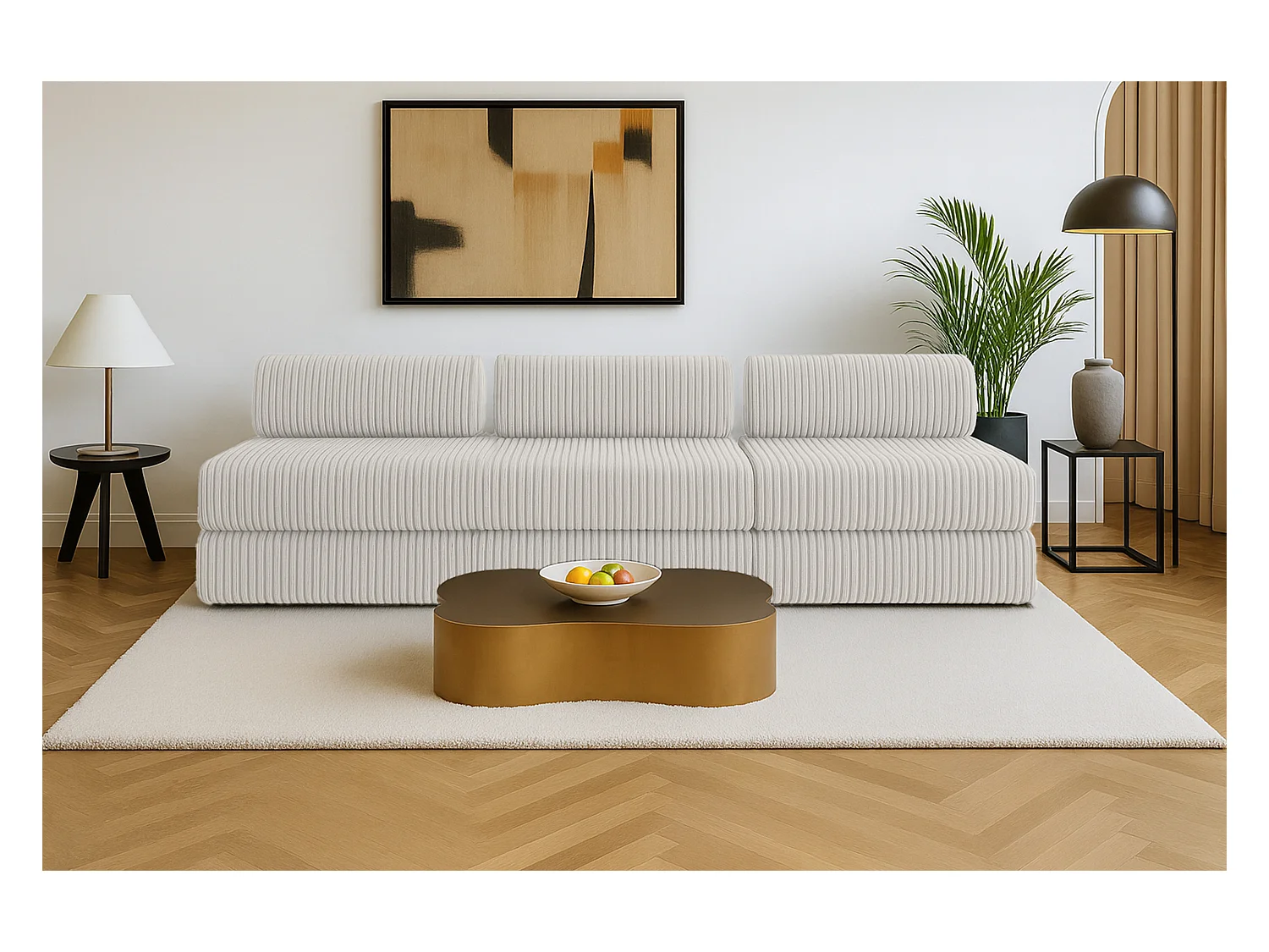 Canapé droit modulable et convertible 4 places - Velours côtelé XL - Blanc