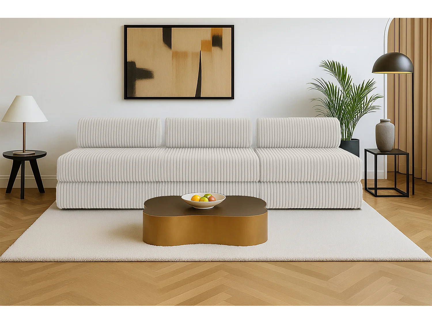 Canapé droit modulable et convertible 4 places - Velours côtelé XL - Blanc