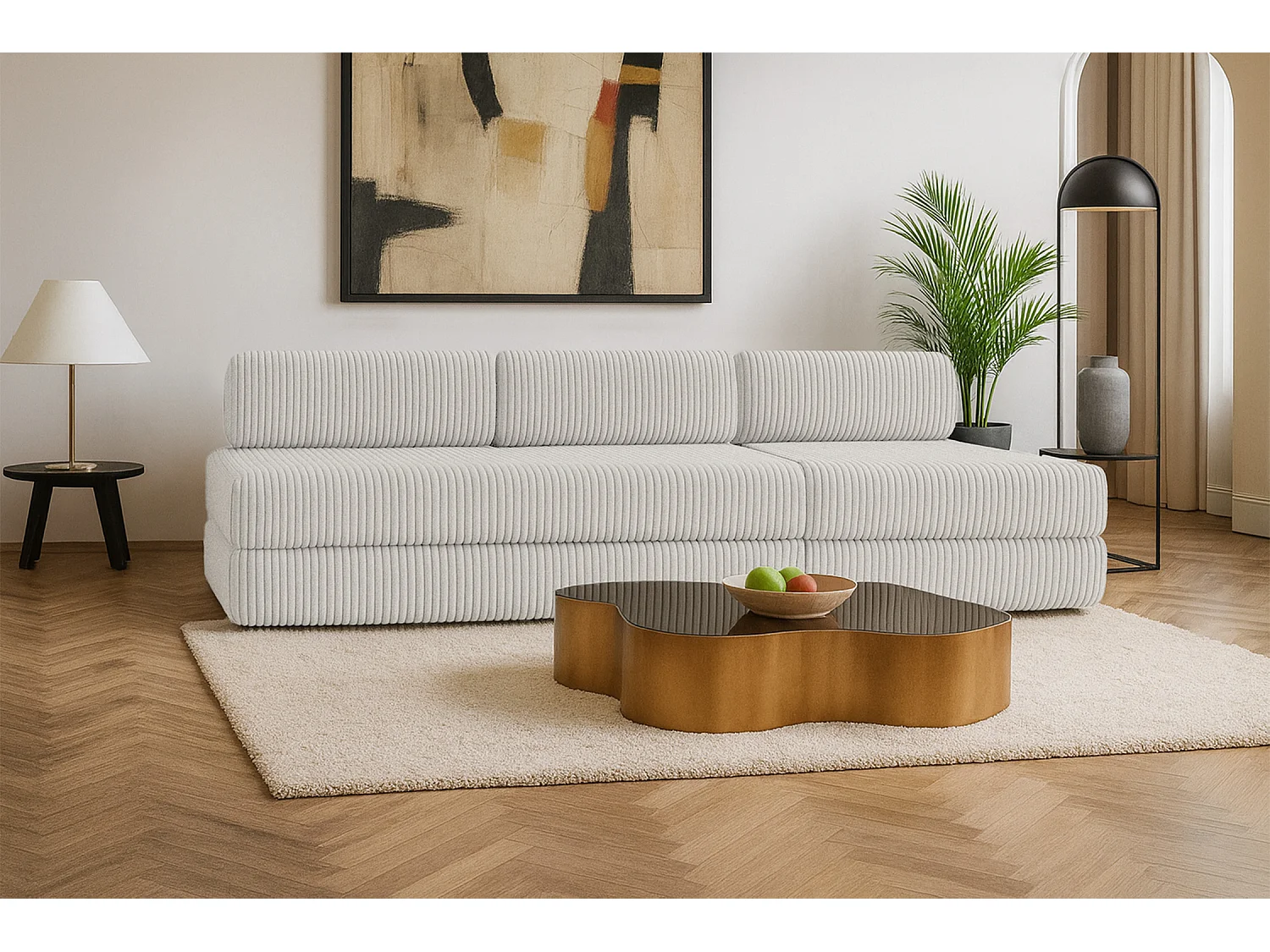 Canapé droit modulable et convertible 4 places - Velours côtelé XL - Blanc