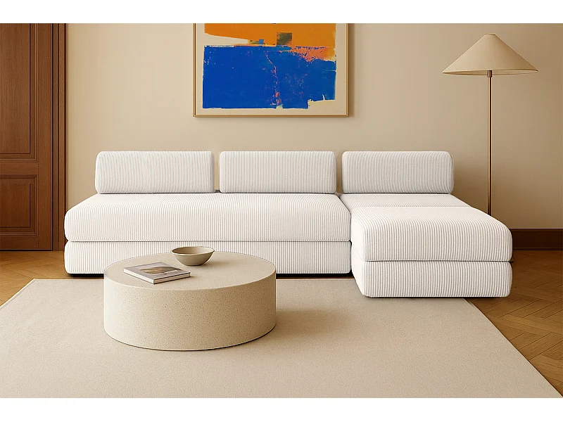 Canapé d'angle modulable et convertible 6 places - Velours côtelé - Blanc