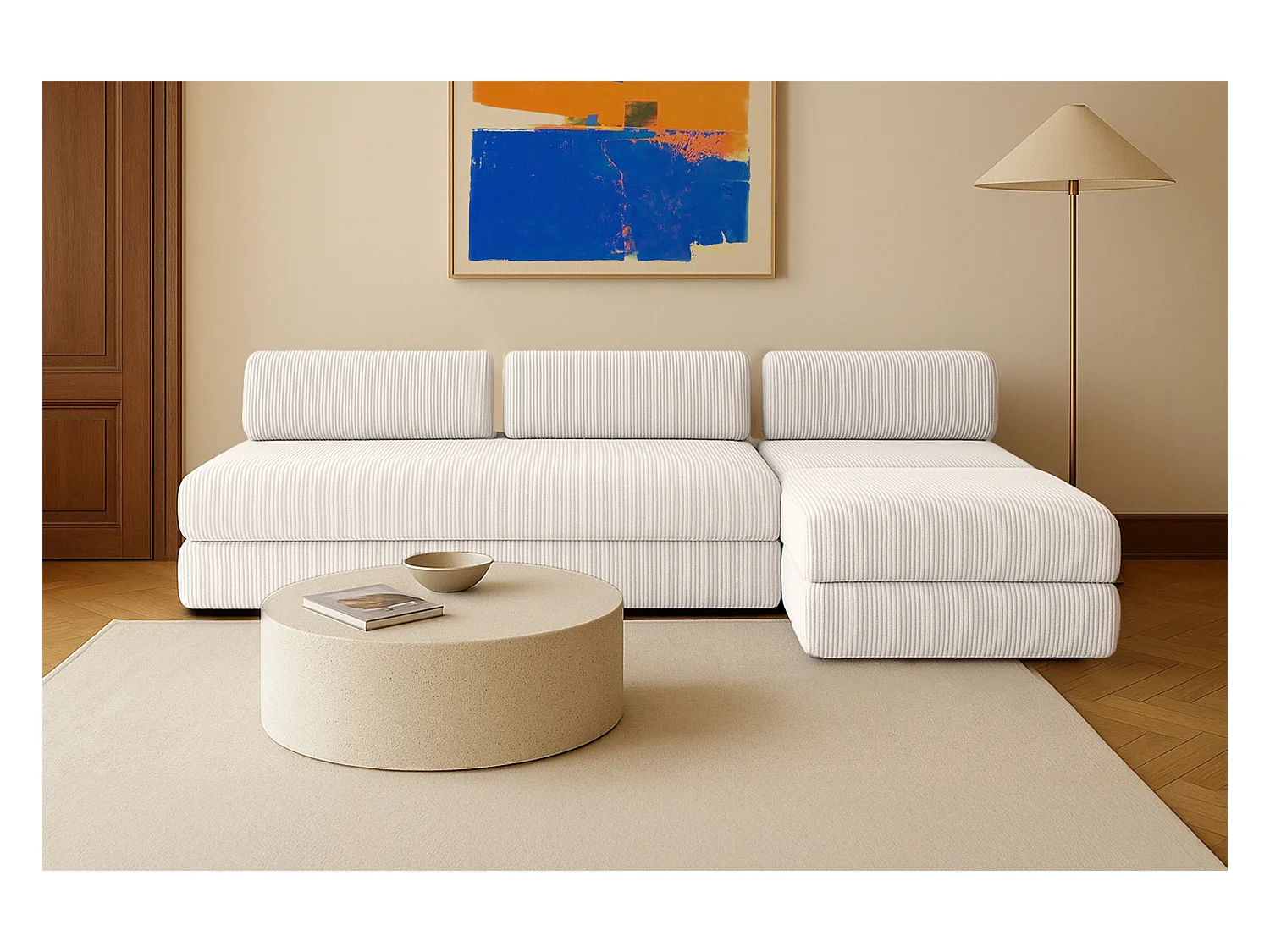 Canapé d'angle modulable et convertible 6 places - Velours côtelé - Blanc