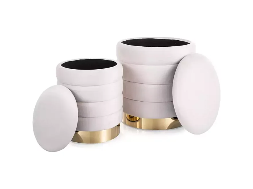 Pouf de rangement en velours beige avec base dorée SOULIER