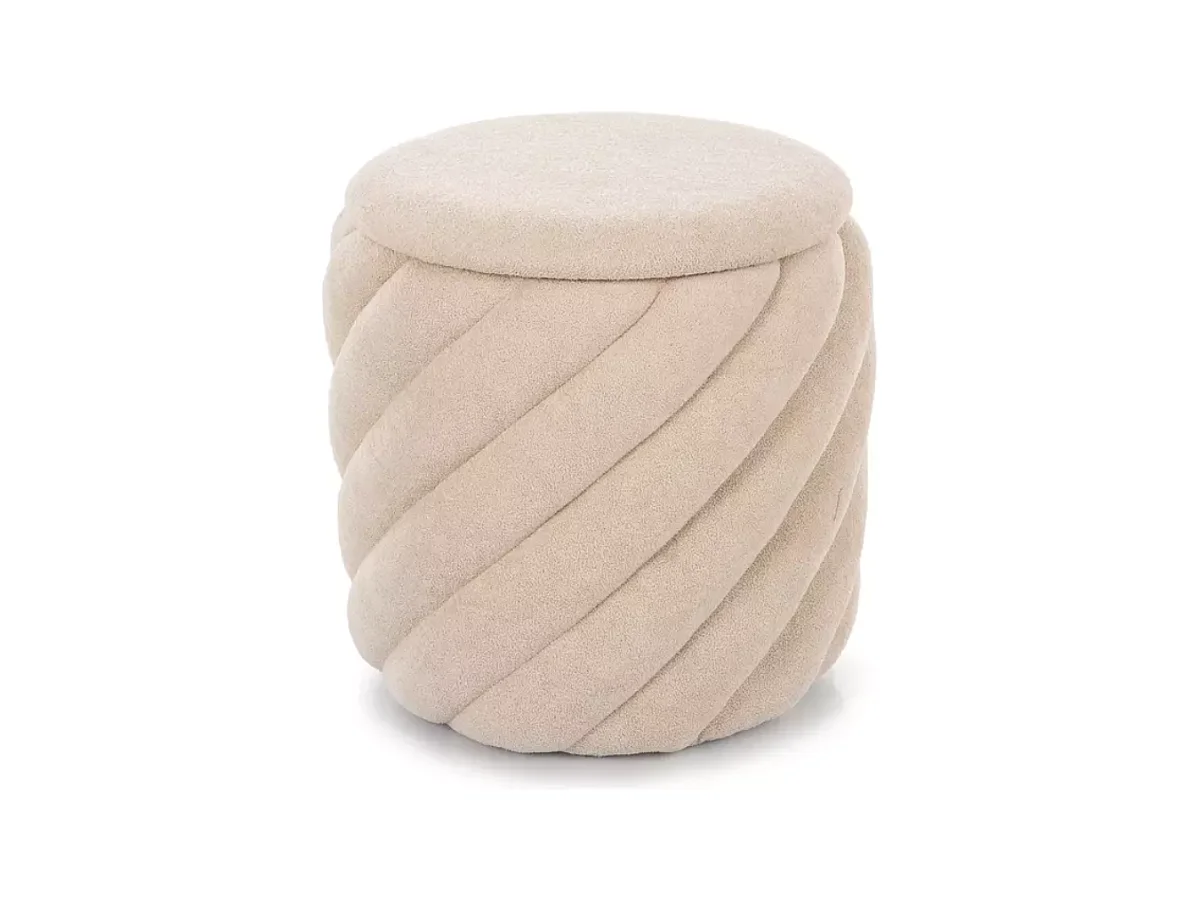 Pouf rond en tissu beige avec rangement intégré et finition spirale originale SORARO
