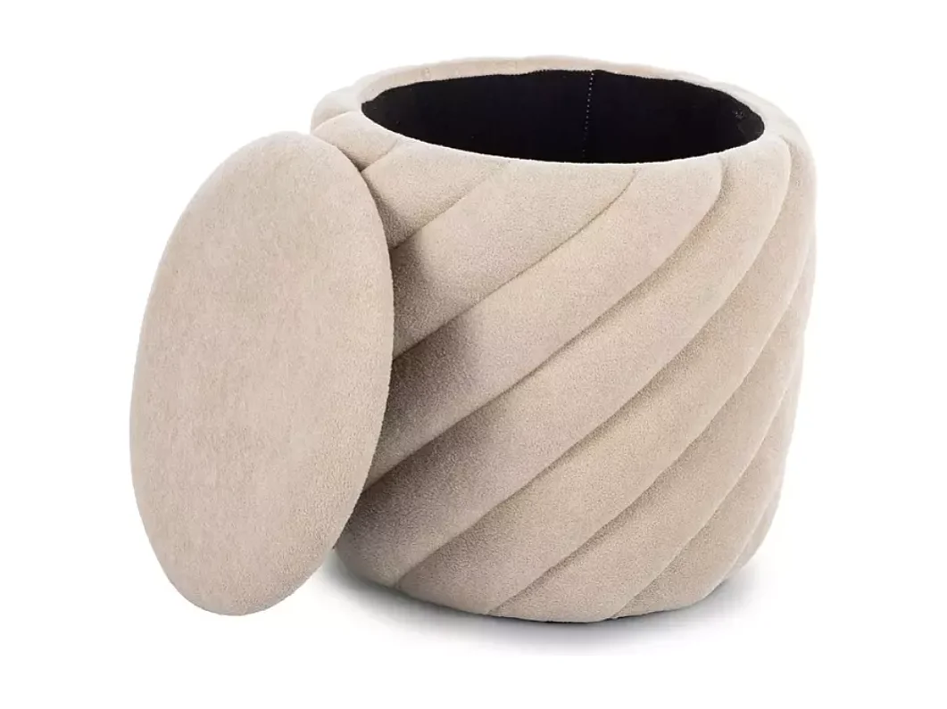 Pouf rond en tissu beige avec rangement intégré et finition spirale originale SORARO