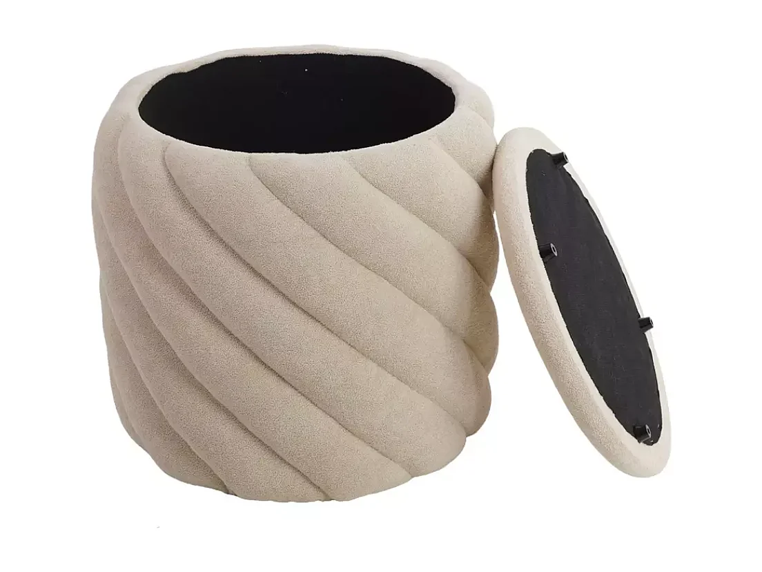 Pouf rond en tissu beige avec rangement intégré et finition spirale originale SORARO