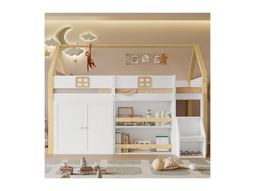 Lit superposé 90 x 200 cm, avec armoire, toit et fenêtres, blanc + couleur naturelle