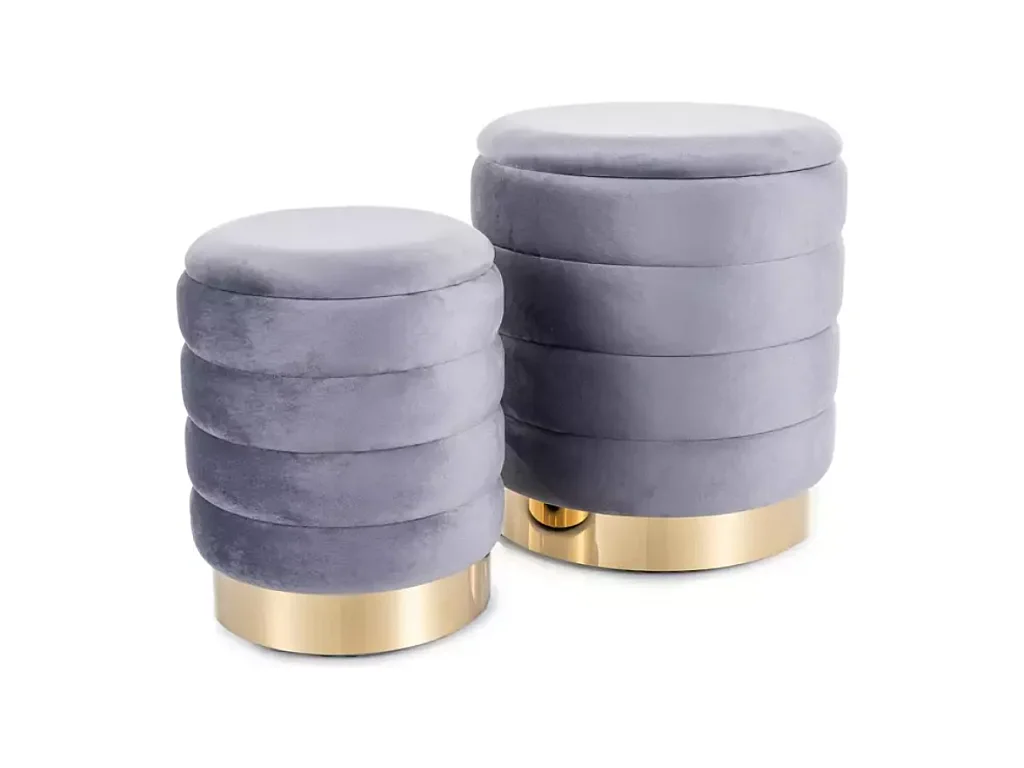 Pouf en velours gris avec rangement et base dorée, deux tailles emboîtables SOULIER