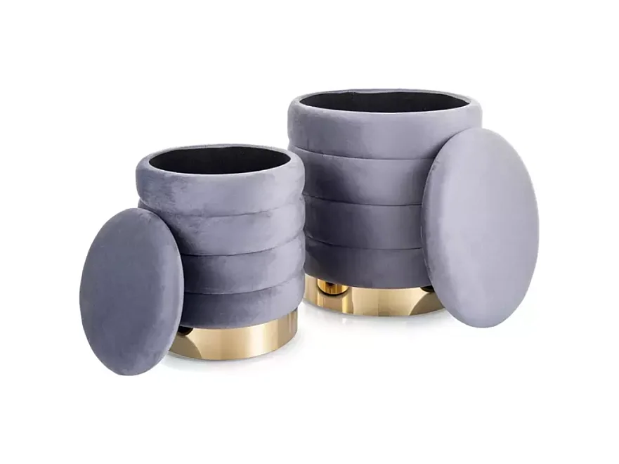 Pouf en velours gris avec rangement et base dorée, deux tailles emboîtables SOULIER