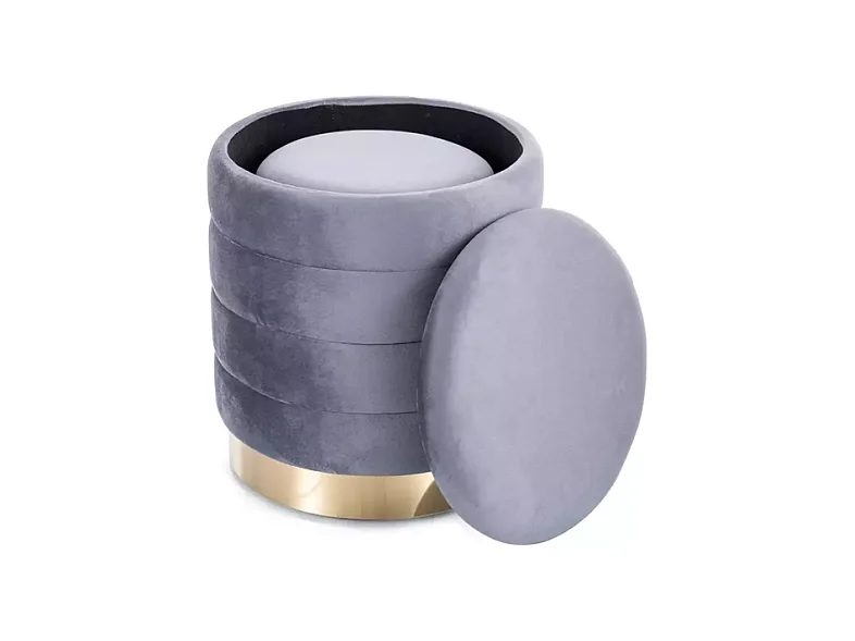 Pouf en velours gris avec rangement et base dorée, deux tailles emboîtables SOULIER